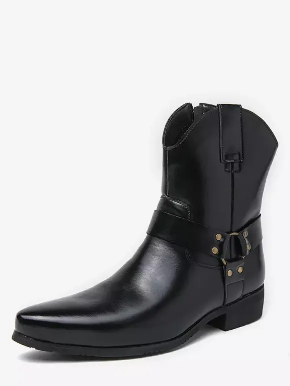 Mens Cowboy Boots Pointed Toe Leather Low Heel Button Accents Ankle Boots
