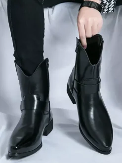 Mens Cowboy Boots Pointed Toe Leather Low Heel Button Accents Ankle Boots