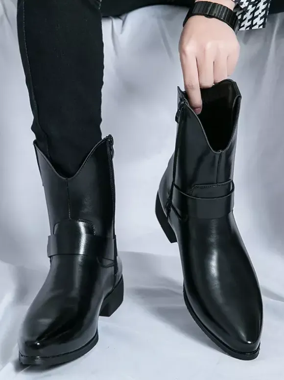 Mens Cowboy Boots Pointed Toe Leather Low Heel Button Accents Ankle Boots