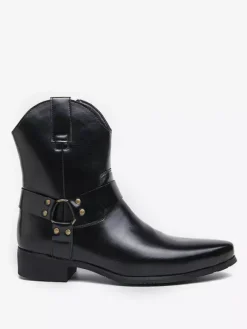 Mens Cowboy Boots Pointed Toe Leather Low Heel Button Accents Ankle Boots
