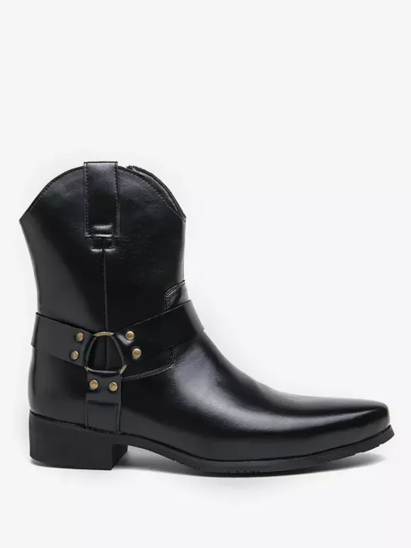 Mens Cowboy Boots Pointed Toe Leather Low Heel Button Accents Ankle Boots
