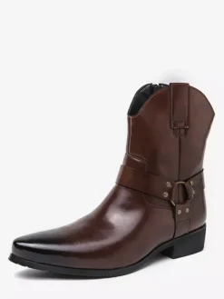Mens Cowboy Boots Pointed Toe Leather Low Heel Button Accents Ankle Boots