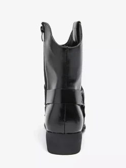 Mens Cowboy Boots Pointed Toe Leather Low Heel Button Accents Ankle Boots