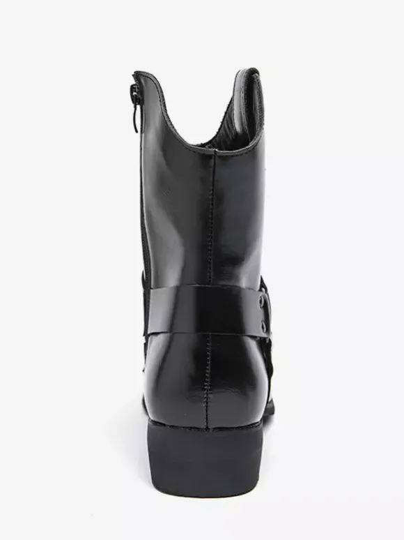 Mens Cowboy Boots Pointed Toe Leather Low Heel Button Accents Ankle Boots