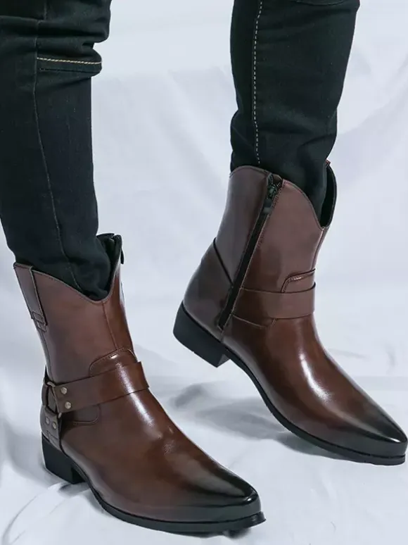 Mens Cowboy Boots Pointed Toe Leather Low Heel Button Accents Ankle Boots