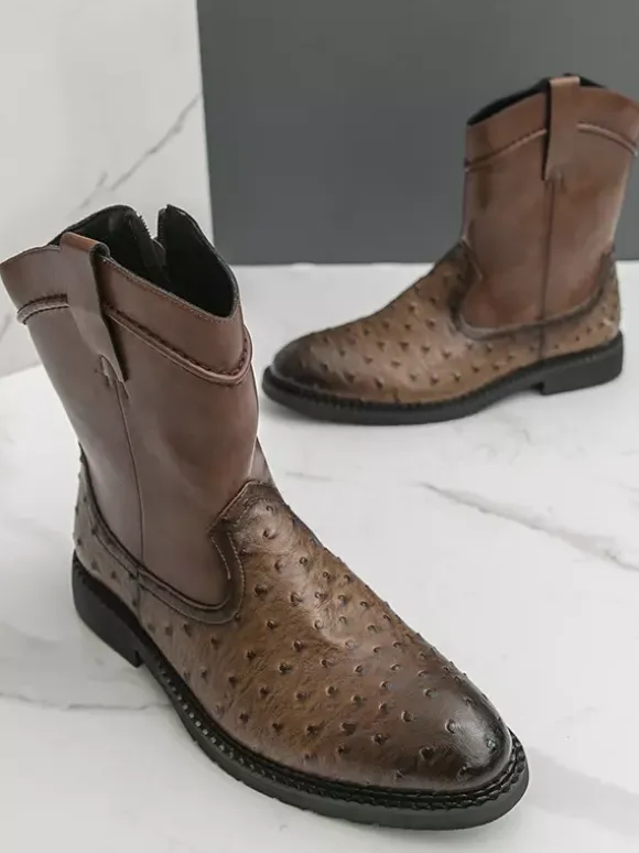 Mens Cowboy Boots Round-Toe Low Heel Pull-On Ankle Boots With Side Zipper