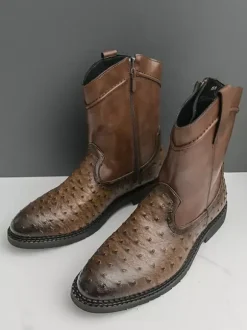 Mens Cowboy Boots Round-Toe Low Heel Pull-On Ankle Boots With Side Zipper