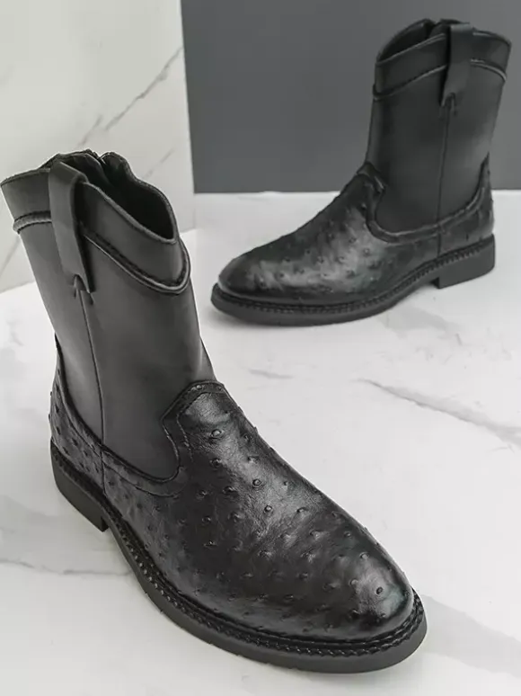 Mens Cowboy Boots Round-Toe Low Heel Pull-On Ankle Boots With Side Zipper