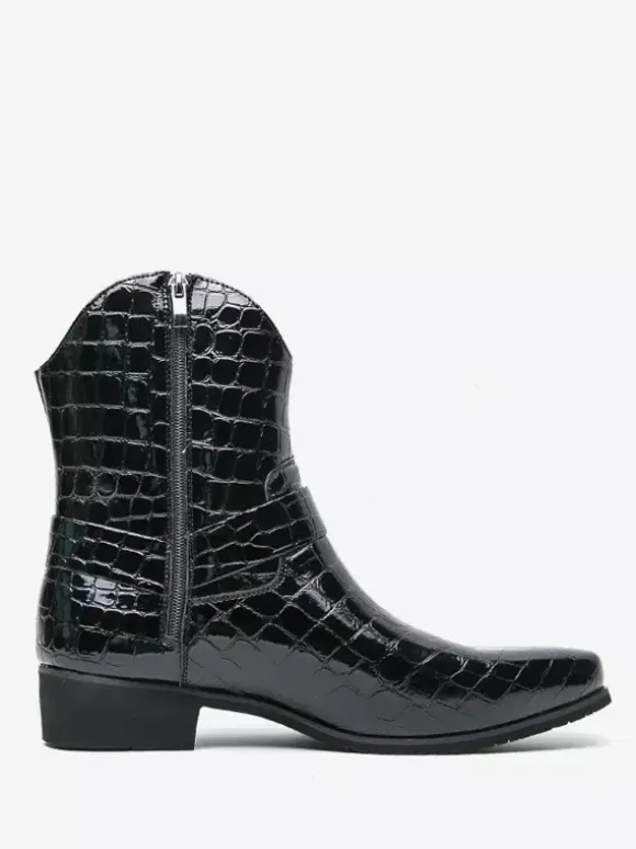 Mens Crocodile Print Cowboy Boots Pointed Toe Low Heel Short Boots