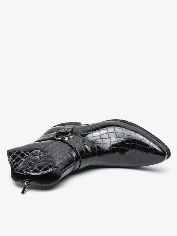 Mens Crocodile Print Cowboy Boots Pointed Toe Low Heel Short Boots