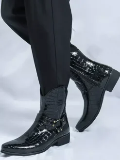 Mens Crocodile Print Cowboy Boots Pointed Toe Low Heel Short Boots