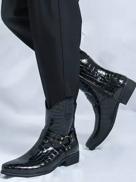 Mens Crocodile Print Cowboy Boots Pointed Toe Low Heel Short Boots