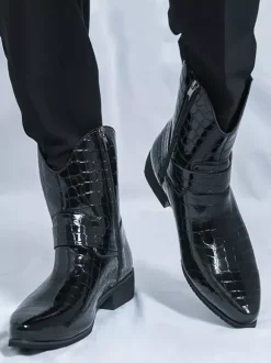Mens Crocodile Print Cowboy Boots Pointed Toe Low Heel Short Boots