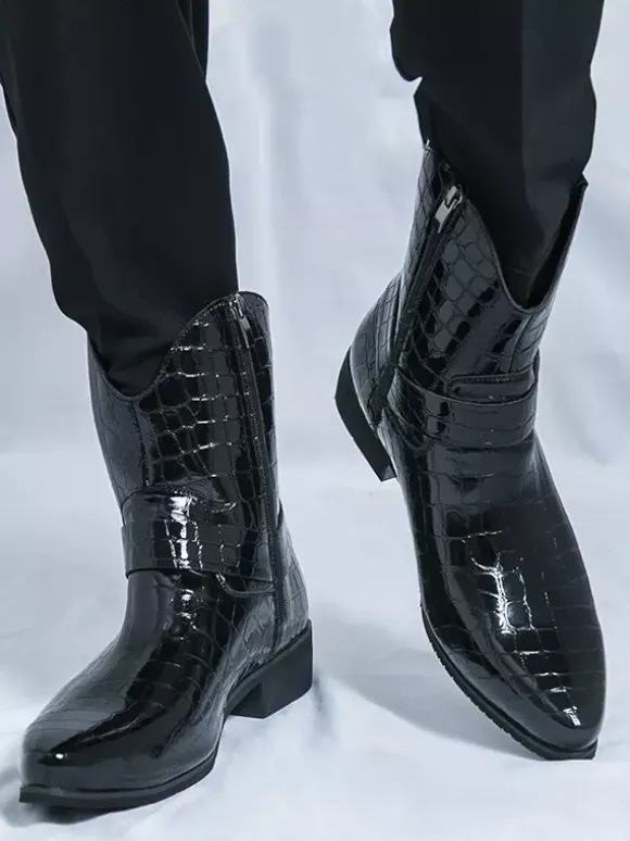Mens Crocodile Print Cowboy Boots Pointed Toe Low Heel Short Boots