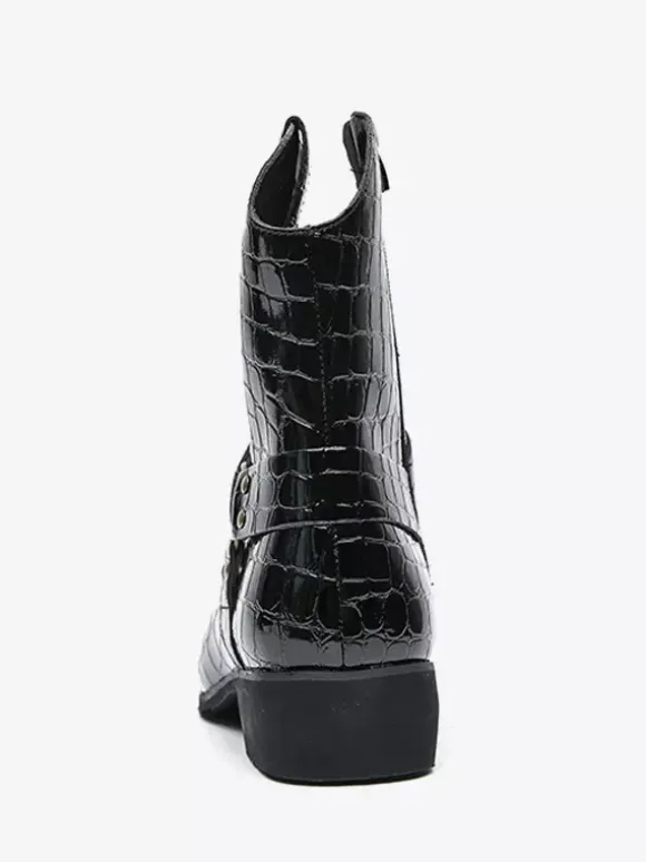 Mens Crocodile Print Cowboy Boots Pointed Toe Low Heel Short Boots