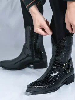 Mens Crocodile Print Cowboy Boots Pointed Toe Low Heel Short Boots