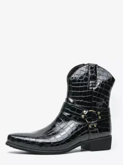 Mens Crocodile Print Cowboy Boots Pointed Toe Low Heel Short Boots