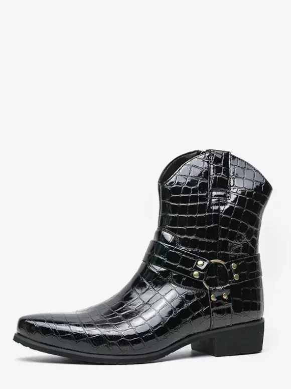 Mens Crocodile Print Cowboy Boots Pointed Toe Low Heel Short Boots