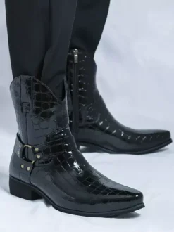 Mens Crocodile Print Cowboy Boots Pointed Toe Low Heel Short Boots