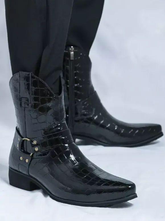 Mens Crocodile Print Cowboy Boots Pointed Toe Low Heel Short Boots