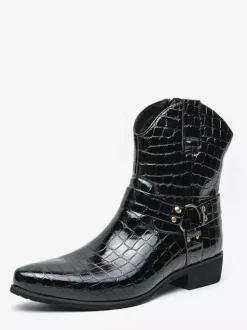 Mens Crocodile Print Cowboy Boots Pointed Toe Low Heel Short Boots