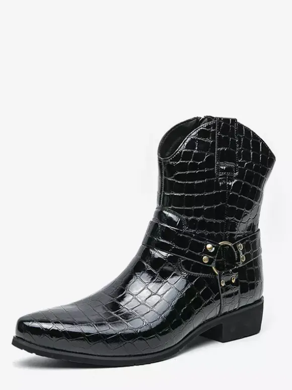Mens Crocodile Print Cowboy Boots Pointed Toe Low Heel Short Boots