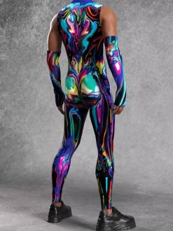 Mens Cyberpunk Bodysuit Optical Illusion Print Tattoo Jumpsuit