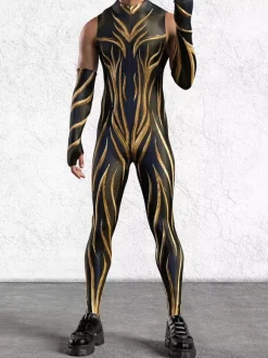 Mens Cyberpunk Bodysuit Optical Illusion Print Tattoo Jumpsuit