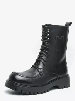 Mens Dress Boots Blunt Toe Chunky Sole Lace Up Formal Short Boots
