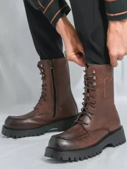 Mens Dress Boots Blunt Toe Chunky Sole Lace Up Formal Short Boots