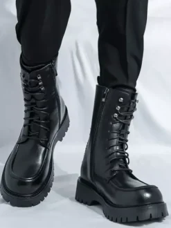 Mens Dress Boots Blunt Toe Chunky Sole Lace Up Formal Short Boots