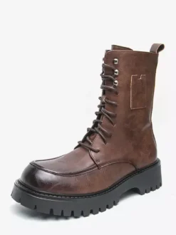 Mens Dress Boots Blunt Toe Chunky Sole Lace Up Formal Short Boots
