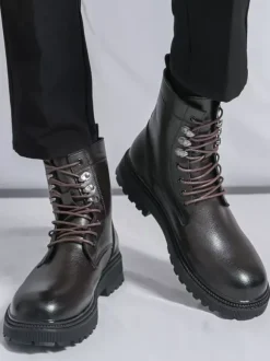 Mens Dress Boots Round-Toe Chunky Sole Lace-Up Formal Footwear