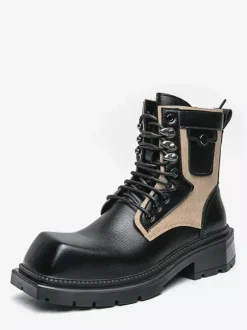 Mens Dress Boots Square-Toe Chunky Sole Lace-Up Leather Boots