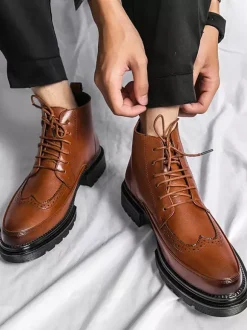 Mens Dress Boots Wingtip Derby Boots - Round Toe Chunky Sole Ankle Boots