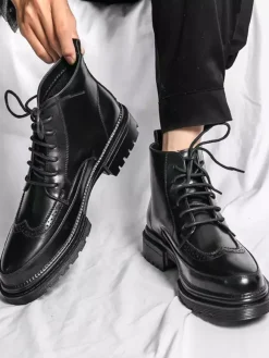 Mens Dress Boots Wingtip Derby Boots - Round Toe Chunky Sole Ankle Boots