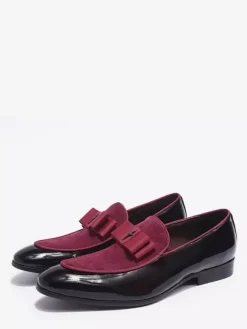 Men's Dress Loafers Genuiue Leather Round Toe Patchwork Bow Slip On Prom Shoes