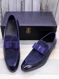 Men's Dress Loafers Genuiue Leather Round Toe Patchwork Bow Slip On Prom Shoes