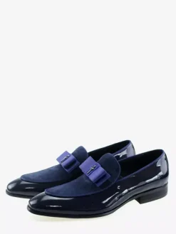 Men's Dress Loafers Genuiue Leather Round Toe Patchwork Bow Slip On Prom Shoes