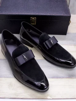 Men's Dress Loafers Genuiue Leather Round Toe Patchwork Bow Slip On Prom Shoes