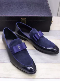 Men's Dress Loafers Genuiue Leather Round Toe Patchwork Bow Slip On Prom Shoes