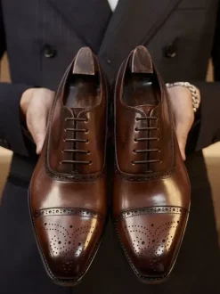 Men's Dress Shoes Square Toe Leather Brogue Derby Formal Wedding Shoes