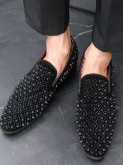 Mens Fashion Rhinestone Leather Dress Rivets Loafers Comfortable Slip On Classic Pointed Top Tuxedo Dress Shoes Party Prom Wedding Penny Shoes
