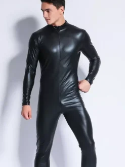 Mens Gloss Latex Catsuit Full Length Sleeve Zipper Jumpsuit For Stage Performances
