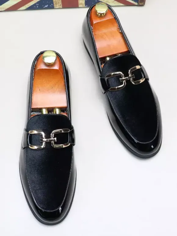 Mens Horsebit Loafers Chain Buckle Decoration Slip On Pointed Toe Low Heels Penny Shoes