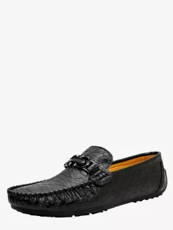 Mens Horsebit Loafers Shoes Slip-on Leather Crocodile Pattern Flat Heel Anti-Slip Penny Shoes