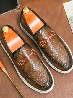 Mens Horsebit Loafers Slip-On Fish Pattern Round Toe Chunky Shoes