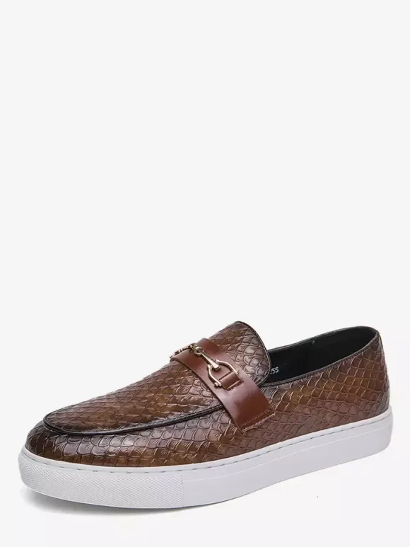 Mens Horsebit Loafers Slip-On Fish Pattern Round Toe Chunky Shoes