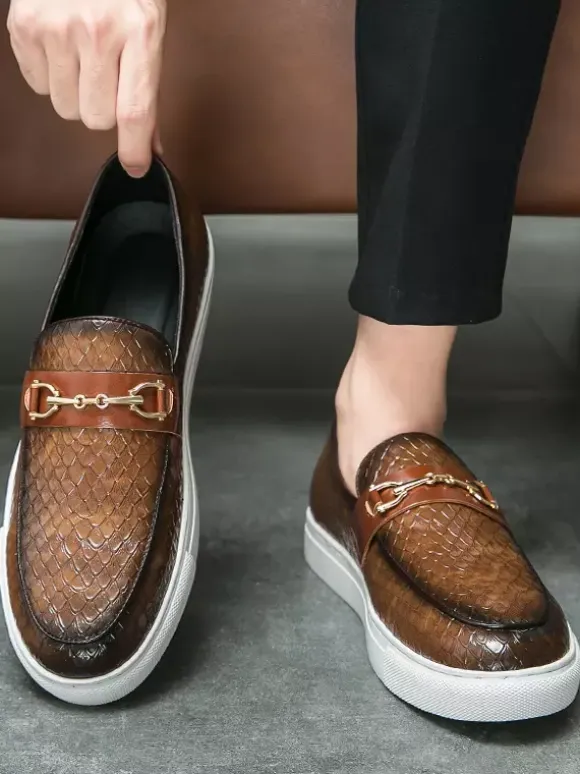 Mens Horsebit Loafers Slip-On Fish Pattern Round Toe Chunky Shoes