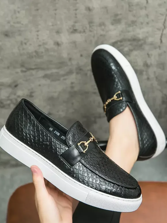 Mens Horsebit Loafers Slip-On Fish Pattern Round Toe Chunky Shoes